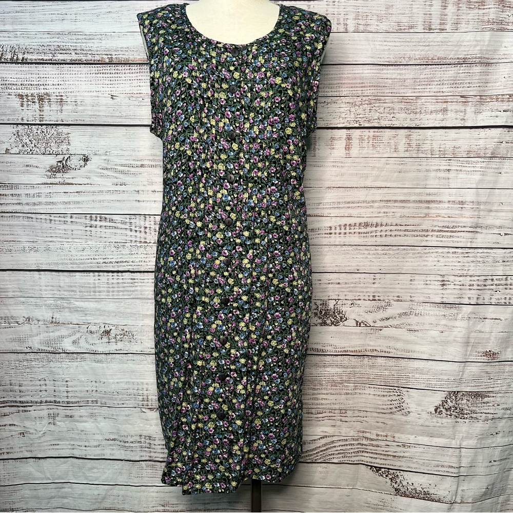 Vintage 90s Fashion Bug 14/16 1X Rayon Floral Dress Sleeveless Button Down Y2K - Picture 1 of 9